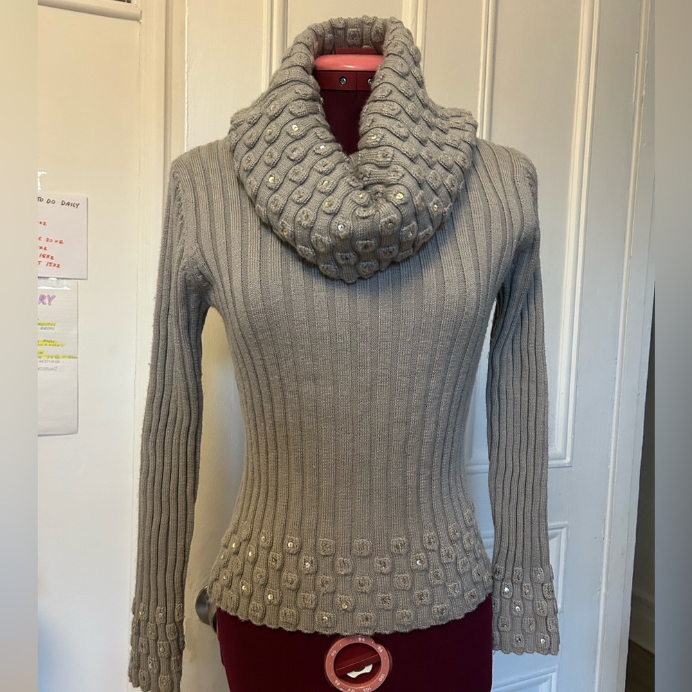 Vintage Gray Cowl Neck Sweater with Sequin Details